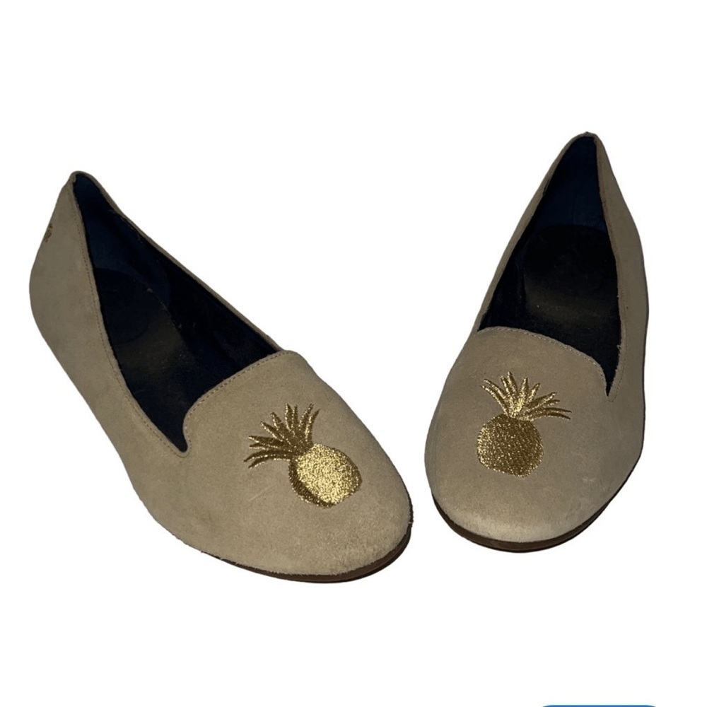 Jack Rogers women’s Gray Suede Loafers with Gold Embroidery
